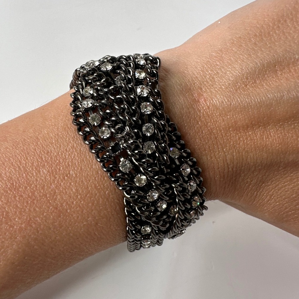 Gunmetal Multi Strand Braided Chain Bracelet Rhinestone Accents Wide‎ Statement